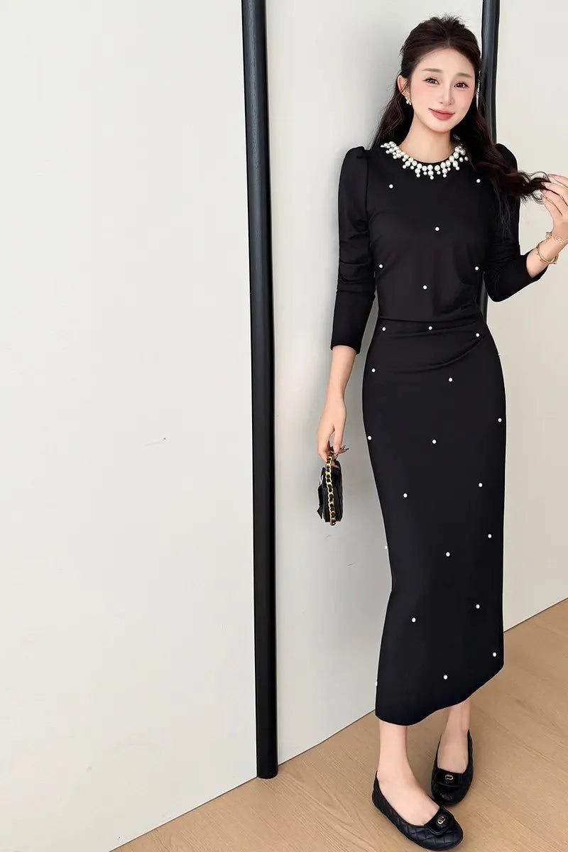 Plus Size Fall Elegant O-Neck Slim Pleated Maxi Dress for Women Beaded Dress