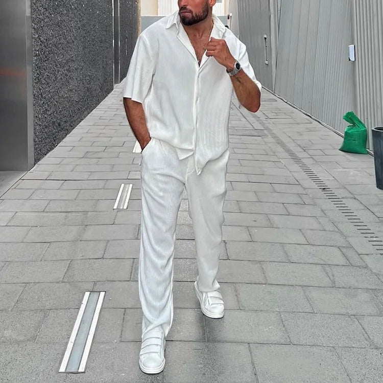 Maz3260 Casual Loose Beach Outfit Solid Color Striped Short Sleeved Set Southeast Asian Men'S Shirt Two-Piece Set
