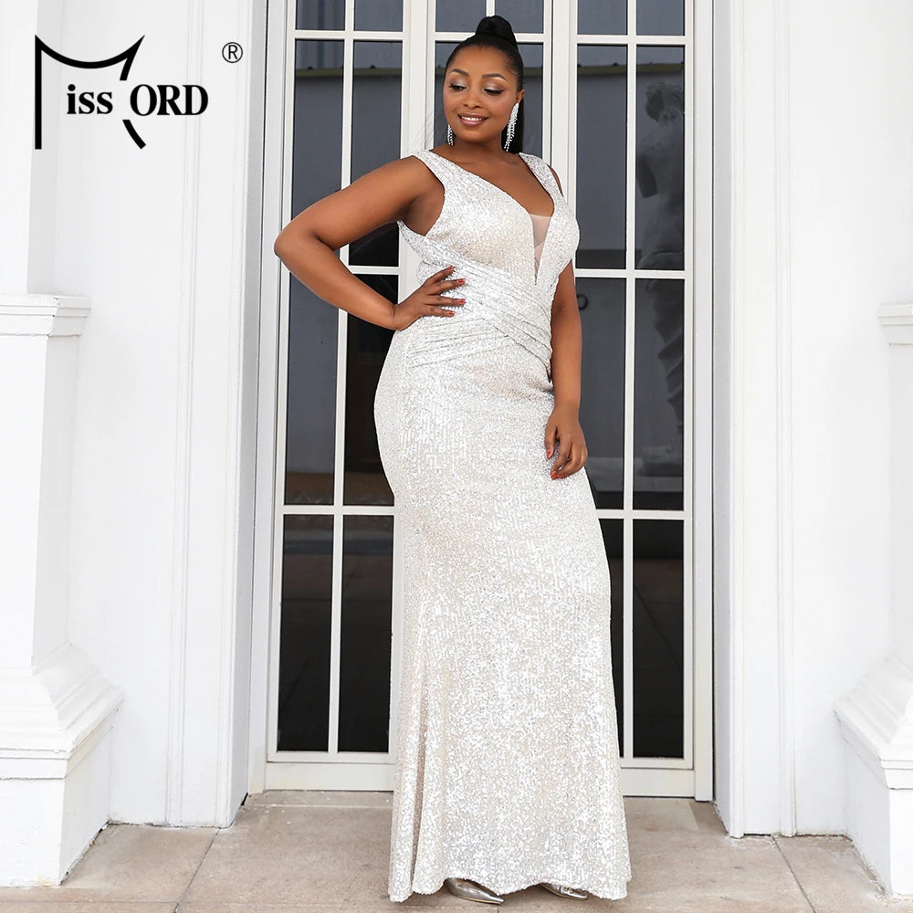 Missord Apricot Sequin Plus Size Wedding Party Dresses Elegant Women V Neck Sleeveless Bodycon Maxi Prom Dress Long Evening Gown
