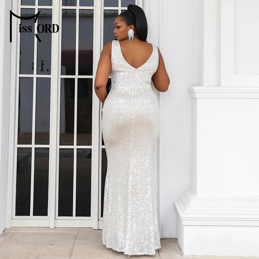 Missord Apricot Sequin Plus Size Wedding Party Dresses Elegant Women V Neck Sleeveless Bodycon Maxi Prom Dress Long Evening Gown