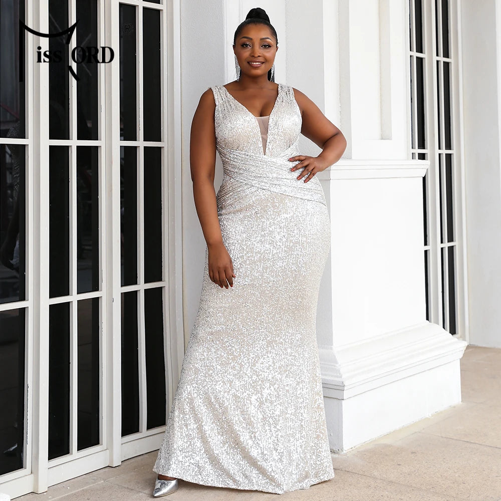 Missord Apricot Sequin Plus Size Wedding Party Dresses Elegant Women V Neck Sleeveless Bodycon Maxi Prom Dress Long Evening Gown
