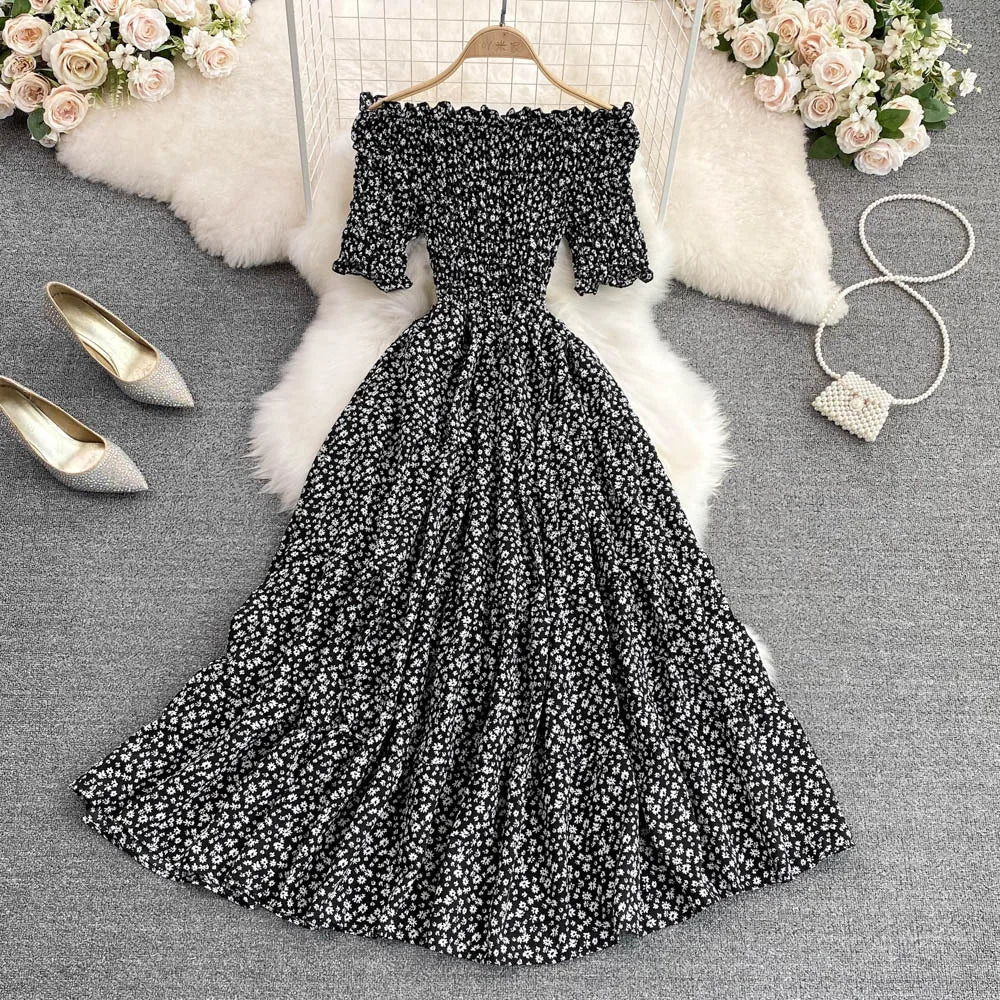 Summer New Off-shoulder Shoulder-baring Chiffon Dress Waist Slimming High Waist A-line Elegant Floral Swing Long Dress Wholesale