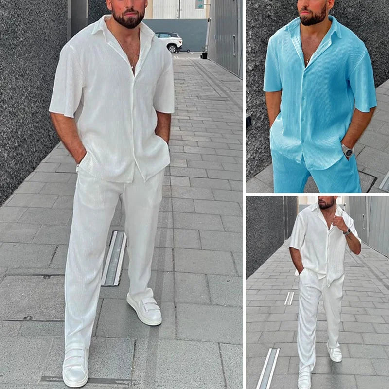 Maz3260 Casual Loose Beach Outfit Solid Color Striped Short Sleeved Set Southeast Asian Men'S Shirt Two-Piece Set