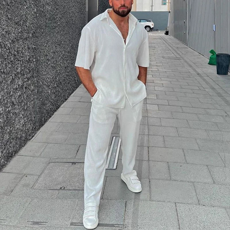 Maz3260 Casual Loose Beach Outfit Solid Color Striped Short Sleeved Set Southeast Asian Men'S Shirt Two-Piece Set