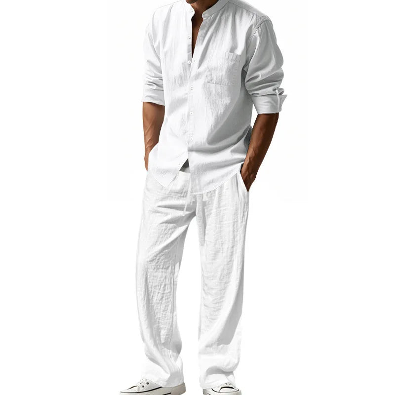 2025 Solid Color Linen Men's Casual Suit Loose Long Sleeve Trousers Shirt Suit Men