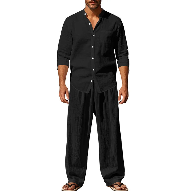 2025 Solid Color Linen Men's Casual Suit Loose Long Sleeve Trousers Shirt Suit Men