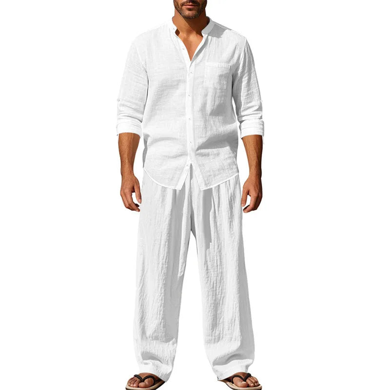 2025 Solid Color Linen Men's Casual Suit Loose Long Sleeve Trousers Shirt Suit Men