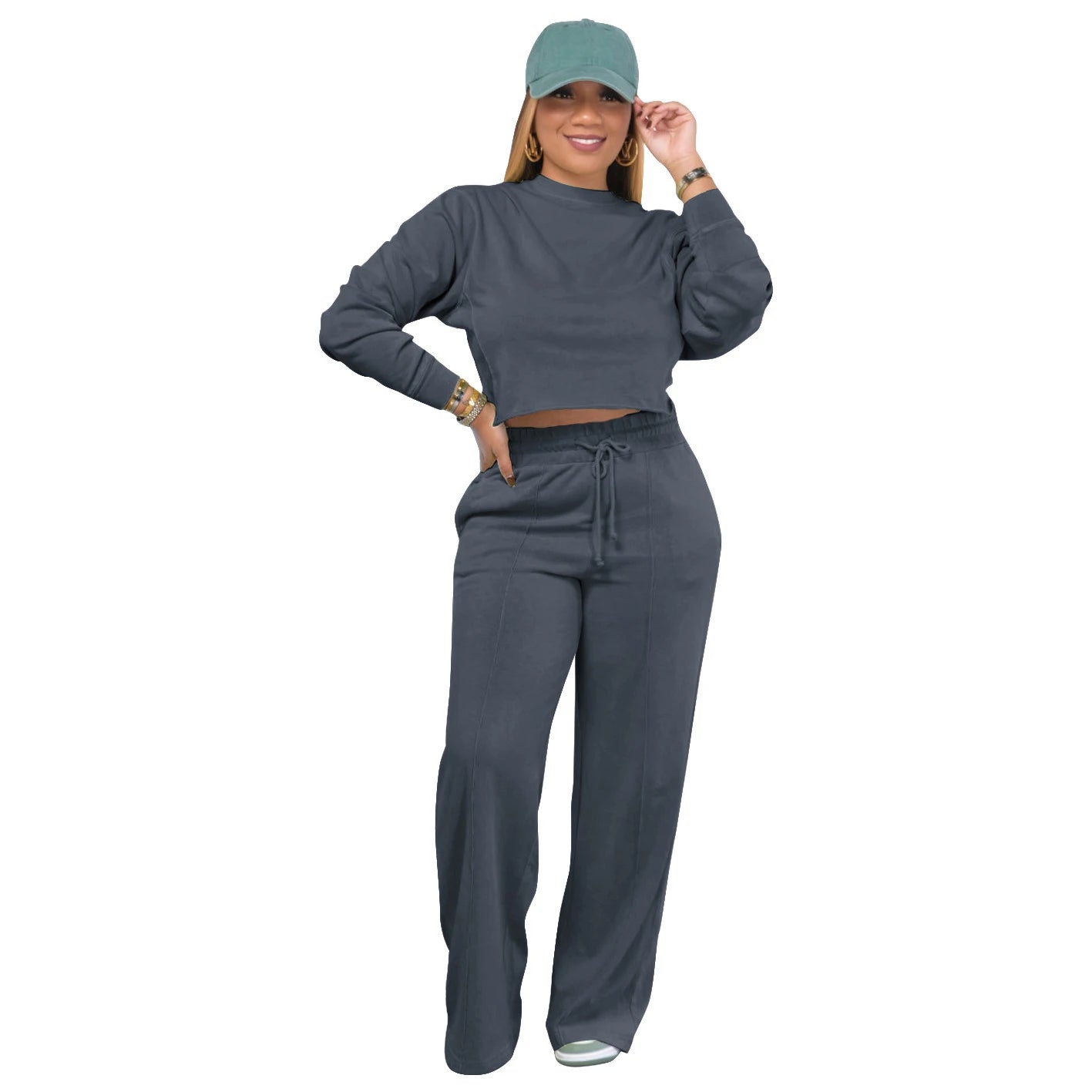 YP Women's Casual 3XL Plus Size Autumn Tracksuit Long Sleeve Crop Top Hoodie Long Pants Solid Color Two Piece Active Top Set