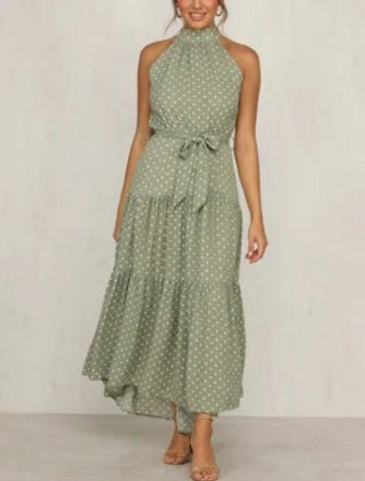 Spring and Summer New Style Women's Polka Dot Dress Sleeveless Ruffled Flounce Long Dress Sundresses/95%