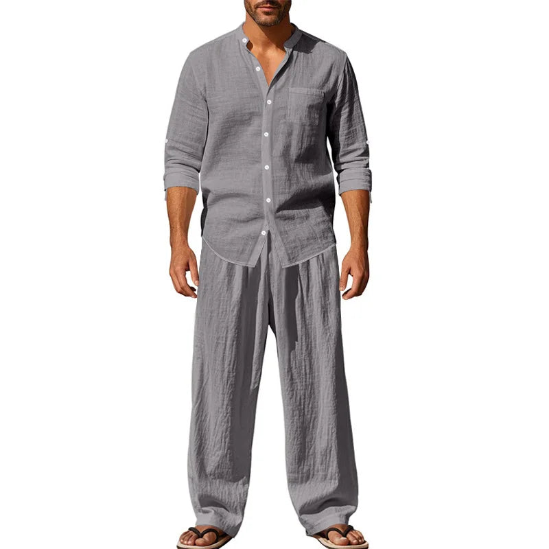 2025 Solid Color Linen Men's Casual Suit Loose Long Sleeve Trousers Shirt Suit Men