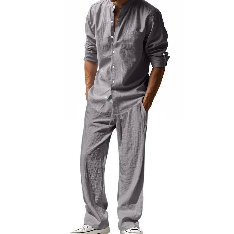 2025 Solid Color Linen Men's Casual Suit Loose Long Sleeve Trousers Shirt Suit Men