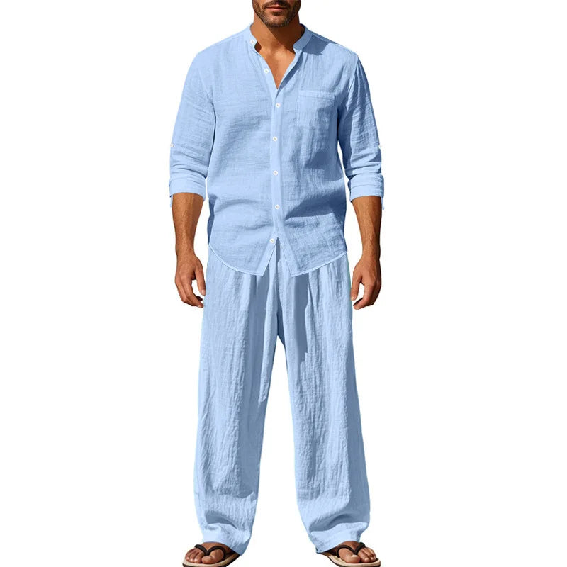 2025 Solid Color Linen Men's Casual Suit Loose Long Sleeve Trousers Shirt Suit Men