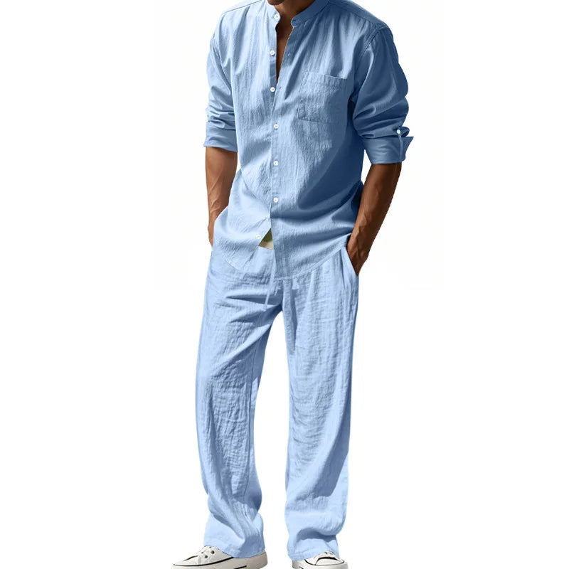 2025 Solid Color Linen Men's Casual Suit Loose Long Sleeve Trousers Shirt Suit Men