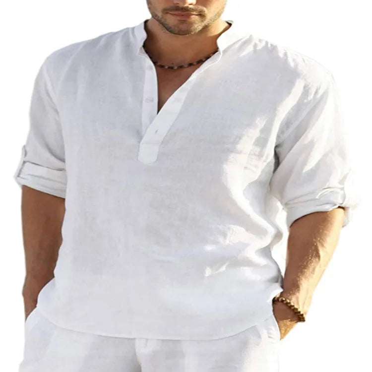 Factory Spot Linen Shirts Wholesale for Men Long Sleeve T-Shirts Breathable 80% Linen Plus Size Shirts