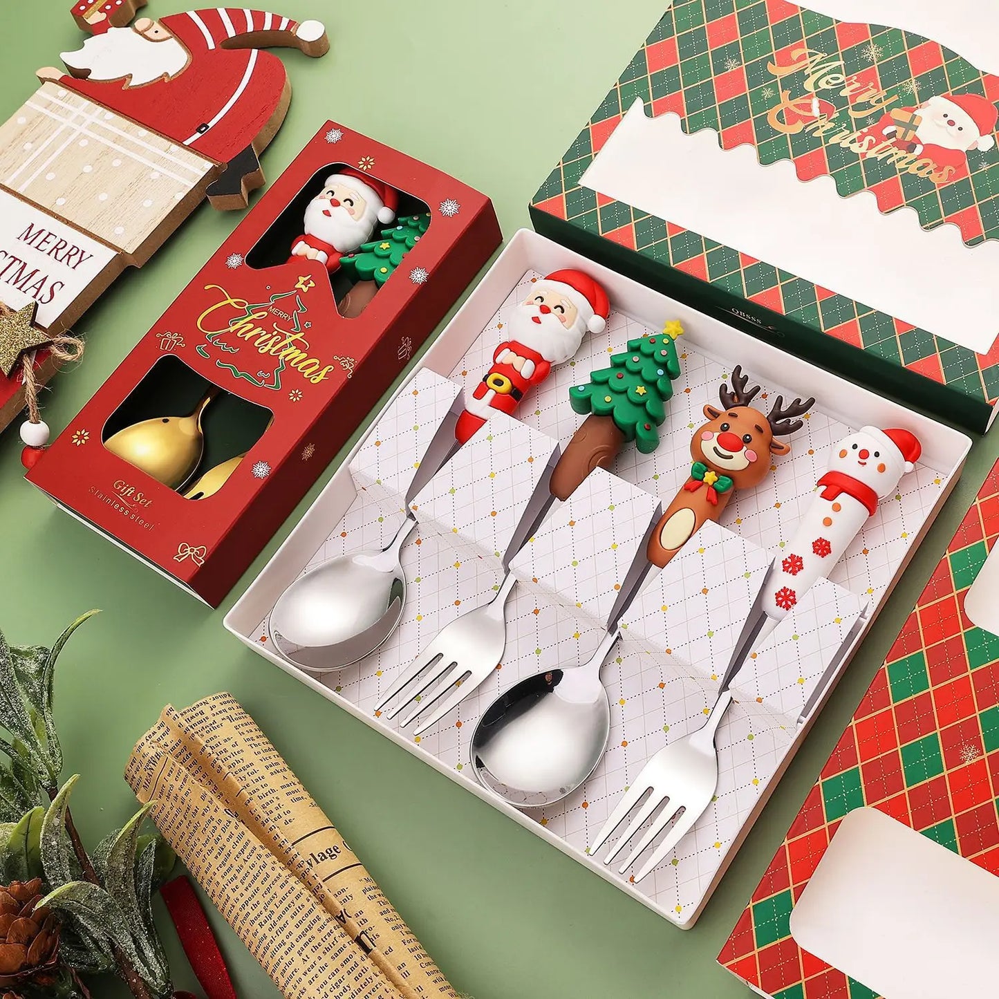 Christmas Tableware Santa Elk Doll Dessert Spoons Fork 2pcs Set One Gift Set Box