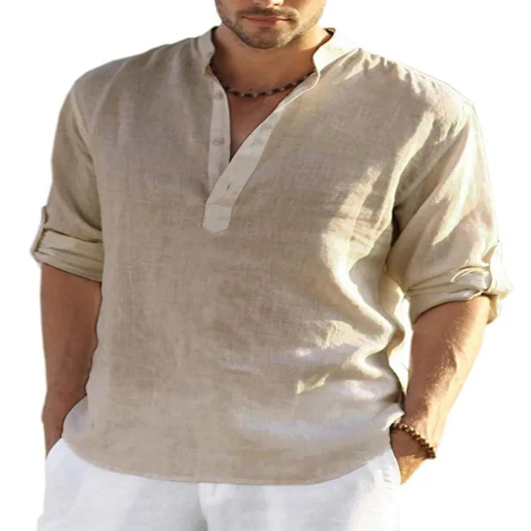 Factory Spot Linen Shirts Wholesale for Men Long Sleeve T-Shirts Breathable 80% Linen Plus Size Shirts