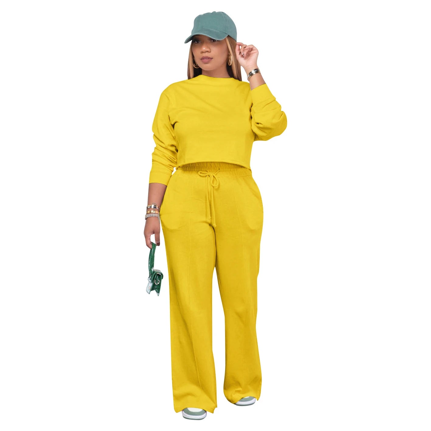 YP Women's Casual 3XL Plus Size Autumn Tracksuit Long Sleeve Crop Top Hoodie Long Pants Solid Color Two Piece Active Top Set