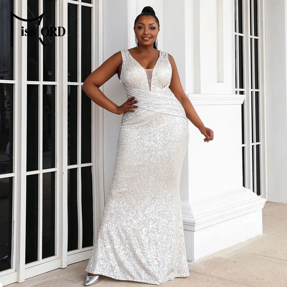 Missord Apricot Sequin Plus Size Wedding Party Dresses Elegant Women V Neck Sleeveless Bodycon Maxi Prom Dress Long Evening Gown