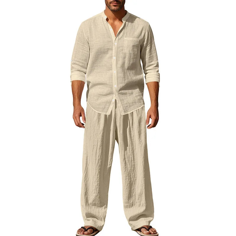 2025 Solid Color Linen Men's Casual Suit Loose Long Sleeve Trousers Shirt Suit Men