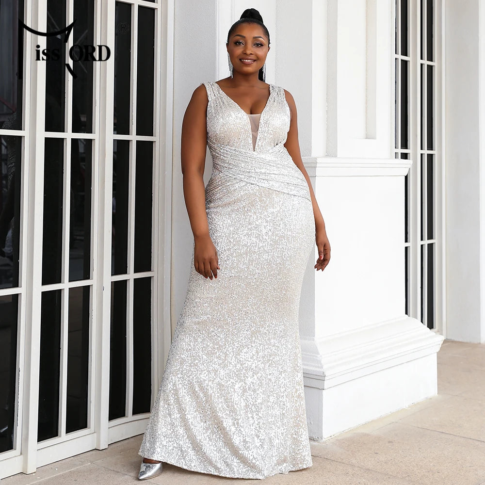 Missord Apricot Sequin Plus Size Wedding Party Dresses Elegant Women V Neck Sleeveless Bodycon Maxi Prom Dress Long Evening Gown