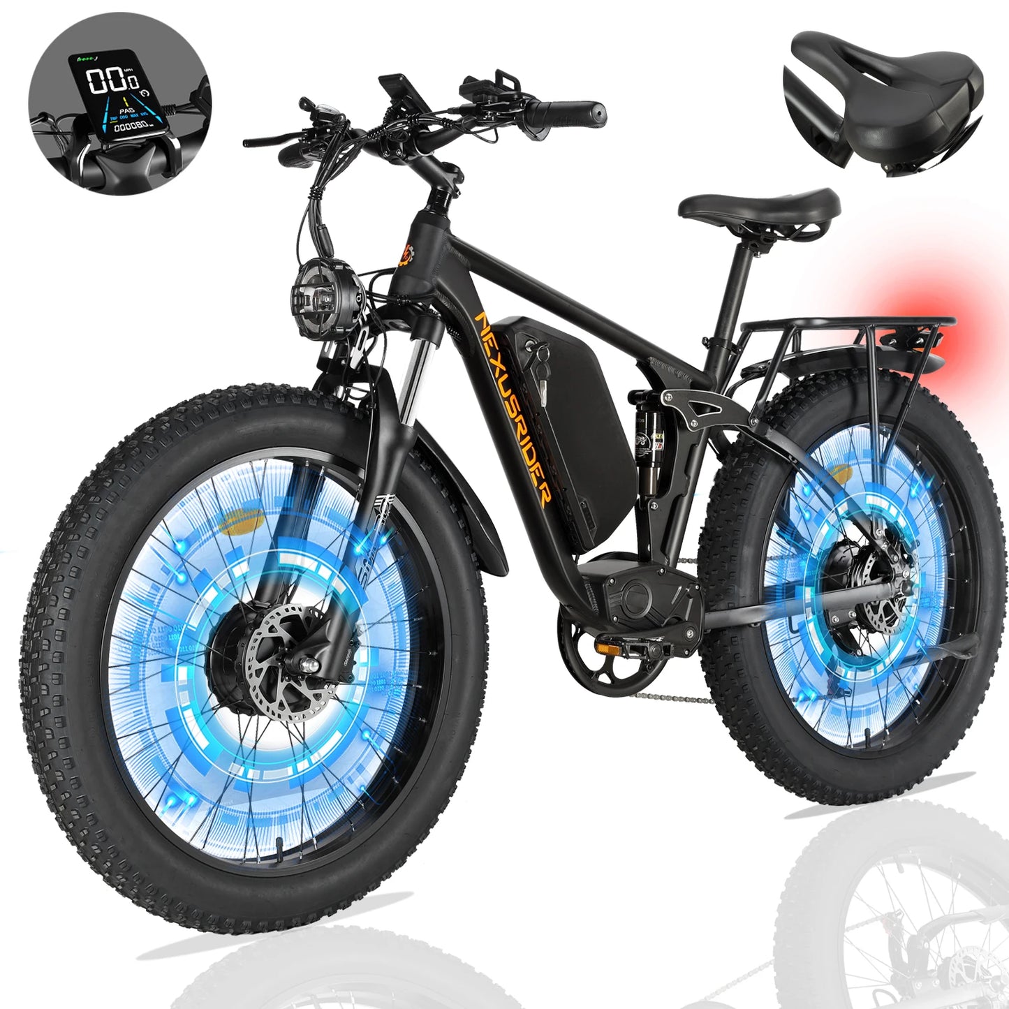 US Warehouse 26" Fat Tire Electric Hybrid MTB Bike Dual Motors Center Controller 48V 22.4AH 2000W Features Rear Shock Absorber