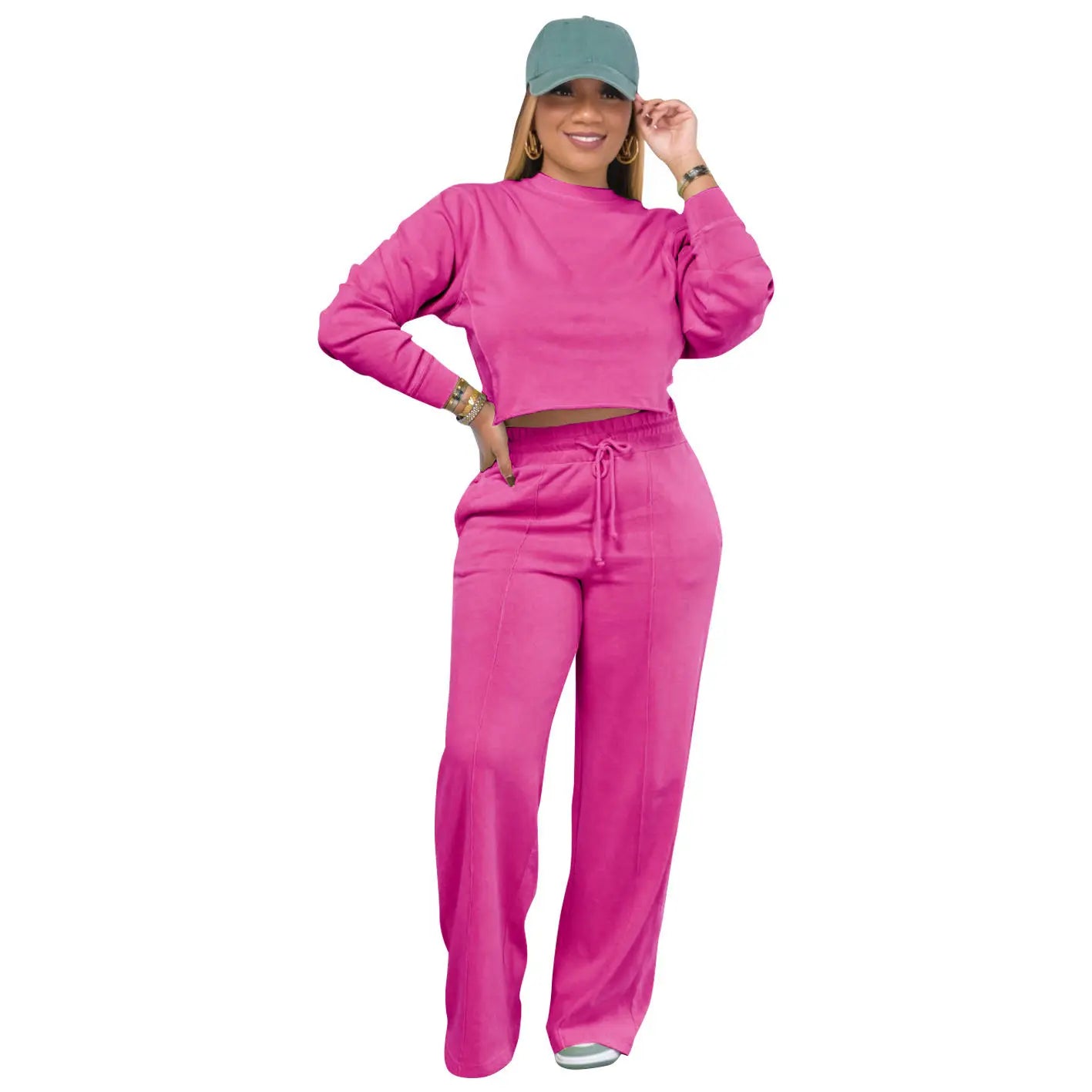 YP Women's Casual 3XL Plus Size Autumn Tracksuit Long Sleeve Crop Top Hoodie Long Pants Solid Color Two Piece Active Top Set