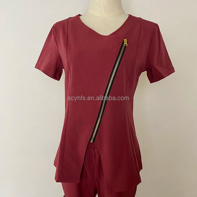 Hot Manufacture Polyester Spandex Rayon 4-way-stretch Fabric School Unisex V-Neck Scrub Top Drawstring Scrubs Pants Sets Uniform