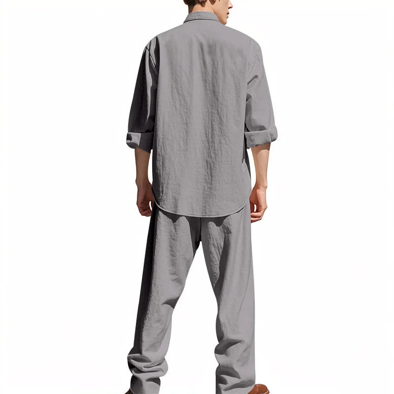 2025 Solid Color Linen Men's Casual Suit Loose Long Sleeve Trousers Shirt Suit Men