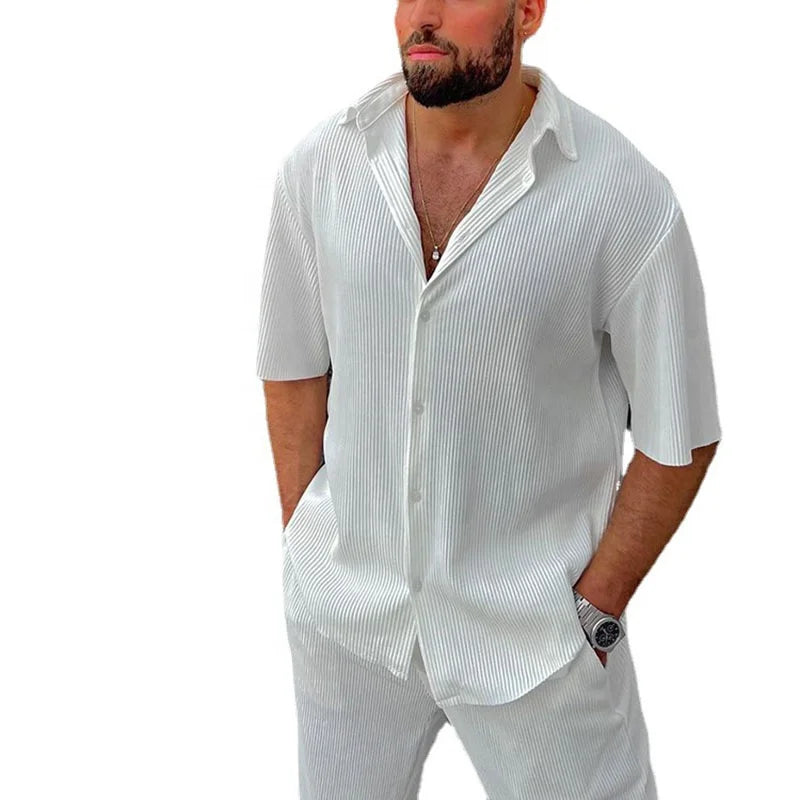 Maz3260 Casual Loose Beach Outfit Solid Color Striped Short Sleeved Set Southeast Asian Men'S Shirt Two-Piece Set