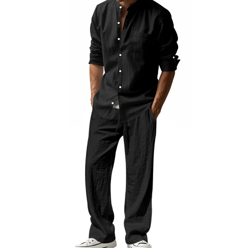 2025 Solid Color Linen Men's Casual Suit Loose Long Sleeve Trousers Shirt Suit Men