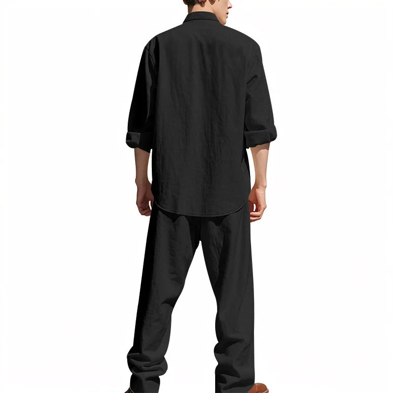 2025 Solid Color Linen Men's Casual Suit Loose Long Sleeve Trousers Shirt Suit Men