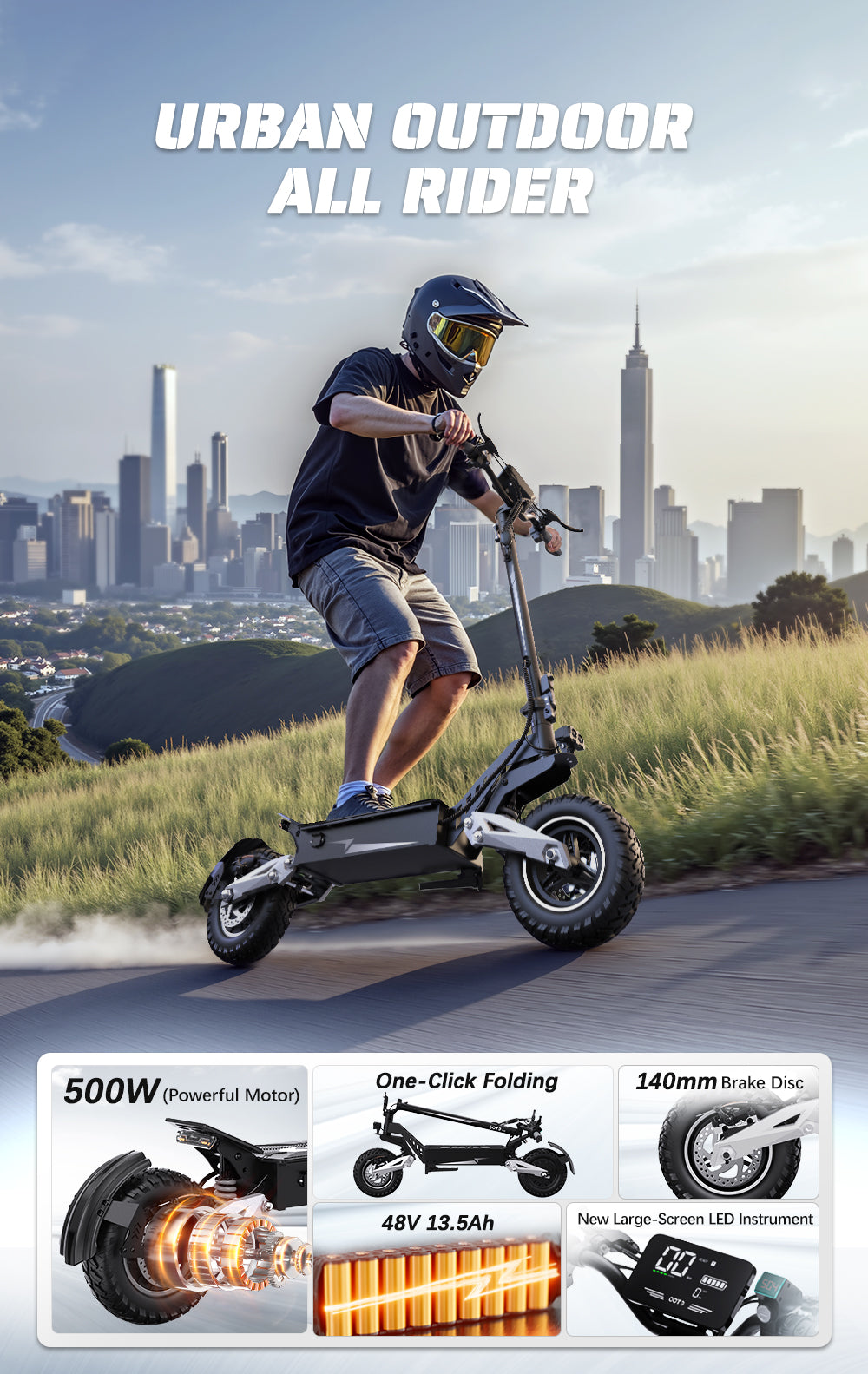 OOTD T10 11" All-Terrain Electric Scooter 500W Motor 48V 13.5Ah Battery