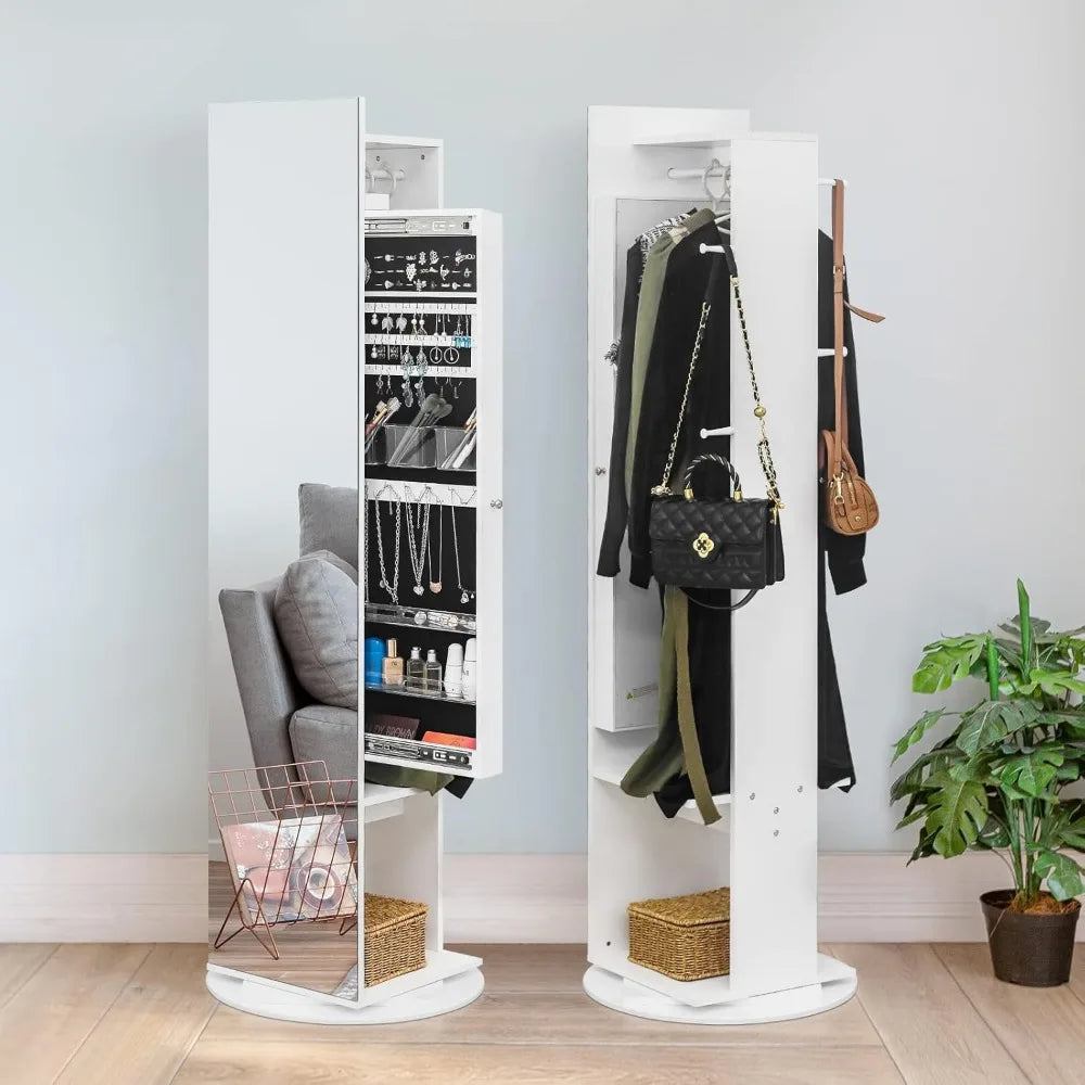 360° Swivel Jewelry Armoire with Full Length Mirror, Slide Jewelry Cabinet Rotating Freestanding Jewelry Organizer with Coat Ra
