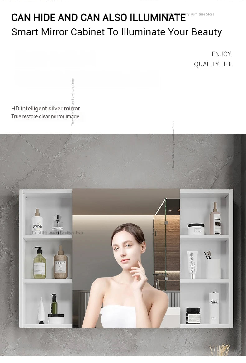 Space Aluminum Bathroom Mirror Wall-mounted Make Up Vanity Storage Mirror Cabinet Shelves Home Furniture Muebles Bano FYBC