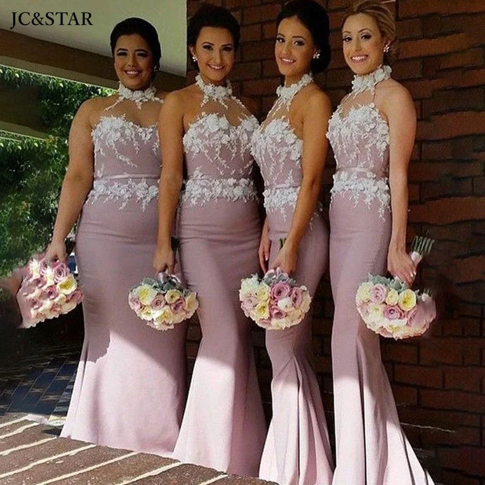 Dusty Pink Mermaid Long Bridesmaid Dress High Neck 3D Flower Lace Satin Hochzeitspartykleid Long African Vestido De Gala Prom