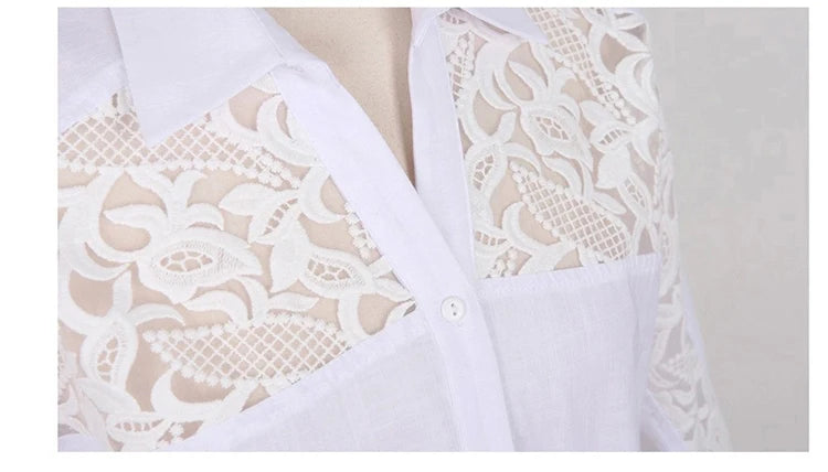 Sexy Lace Patchwork White Chiffon Button Up Shirt for Women Summer Casual Simple Loose Half Sleeve Ladies Tops Blouses Clothing