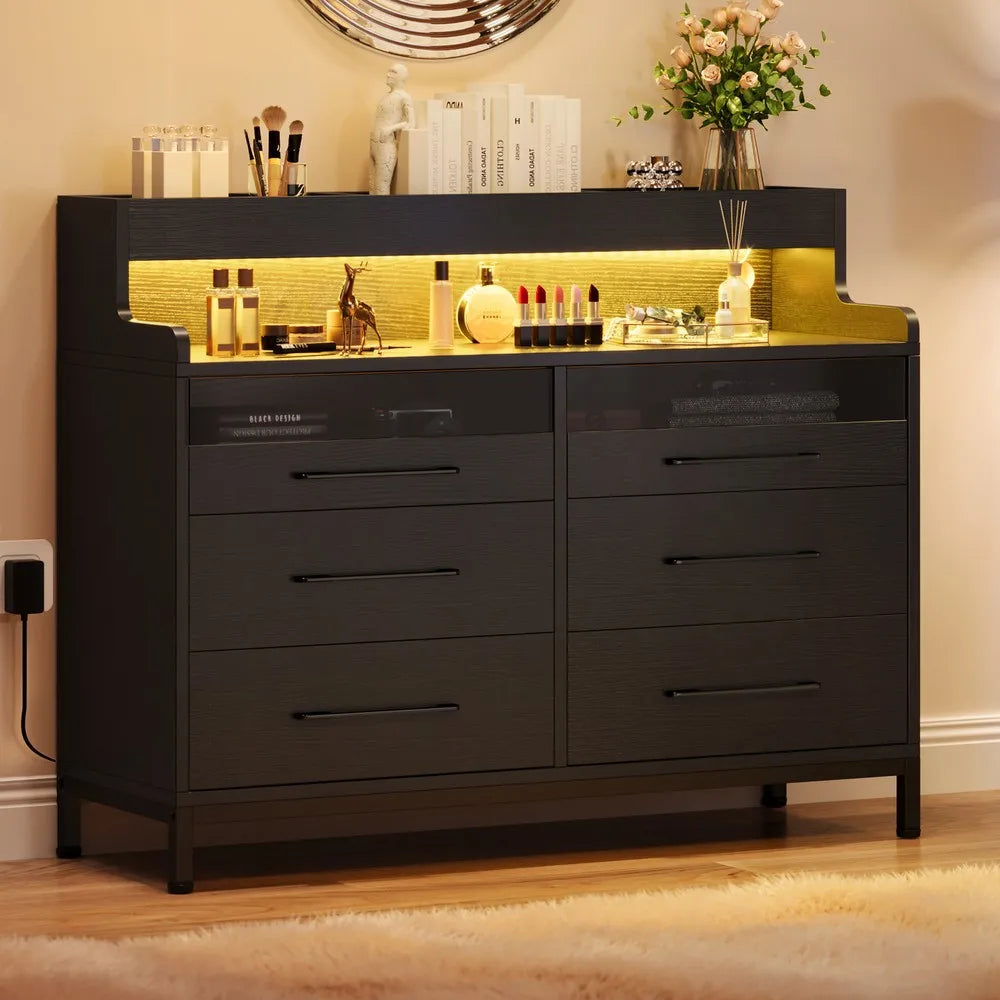 LED Dresser with 6-Drawer Bedroom Chest of Drawers File Cabinet w/Open Shelves