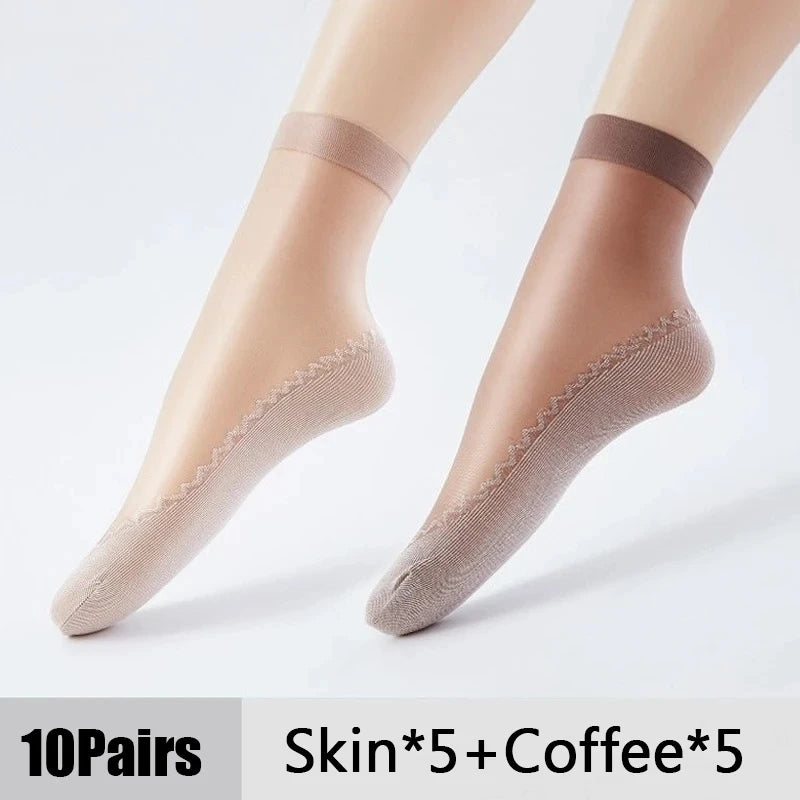 1/10Pairs Womens Anti-Slip Cotton Sock Thin Socks Casual Non-Slip Bottom Splice Spring-Autumn Transparent Ladies Breathable Sock