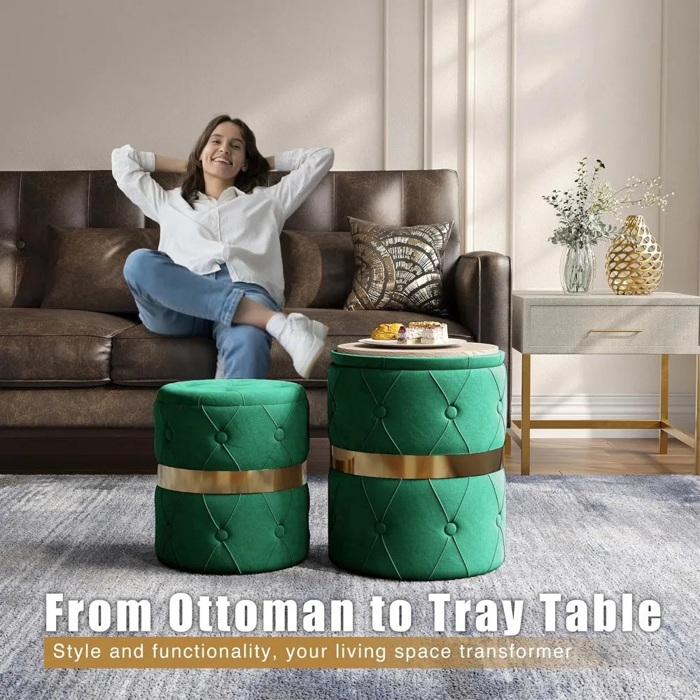 Round Storage Ottoman Set of 2, Fully Assembled Velvet Vanity Stool Chair, for Bedroom, Living Room, Office and Study Room, Blue