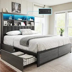 HISOFT Queen Bed Frame with Headboard, Queen Bed Frame with High Storage Bookcase, 4 Storage Drawers & LED & Charging Station,No