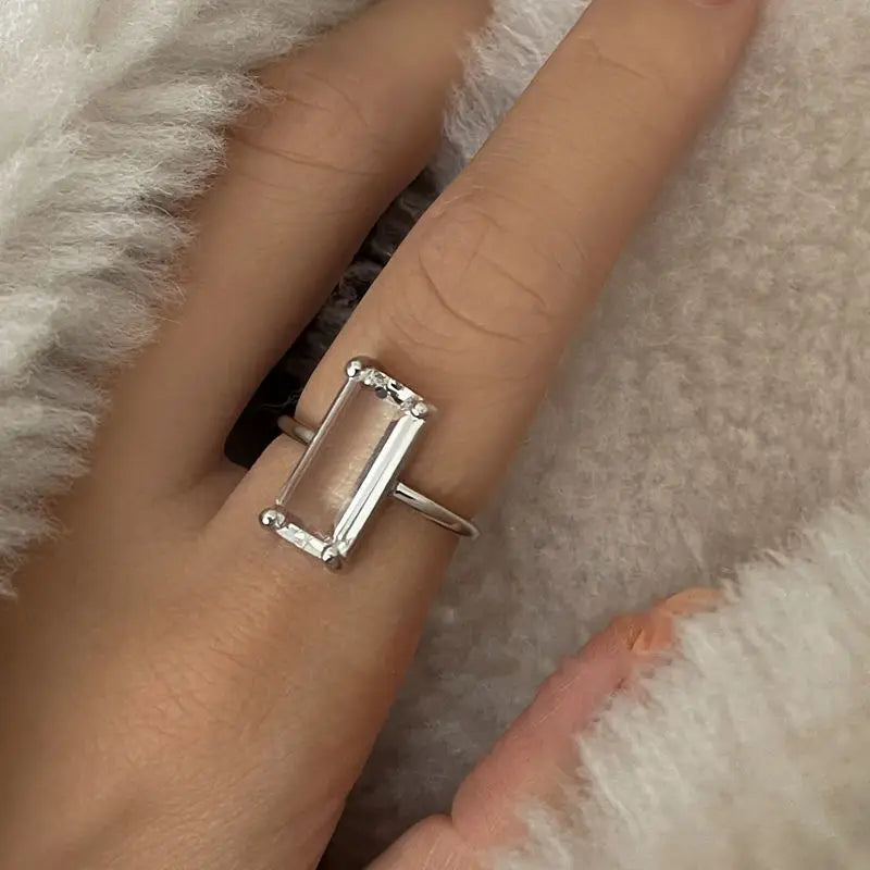 Designer original silver inlaid rectangular white crystal rings for women simple fashion high-end engagement party jewelry