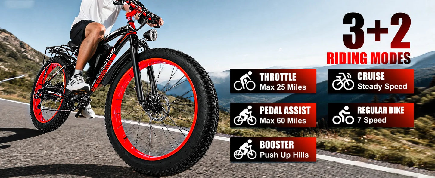 Electric Bike Adults 1500W Peak Motor 34Mph Electric Bicycle 26" Fat Tire Mountain Bike 60Mile Range 48V 15AH Electric Dirt Bike