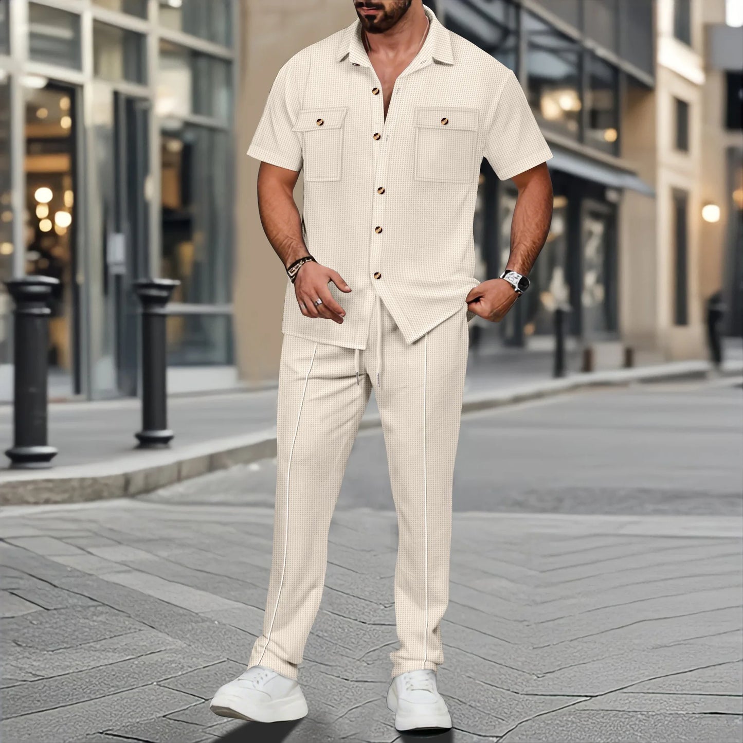 2025 New solid color button pocket shirt short sleeve trousers waffle check two-piece set, outdoor travel set spring and summer