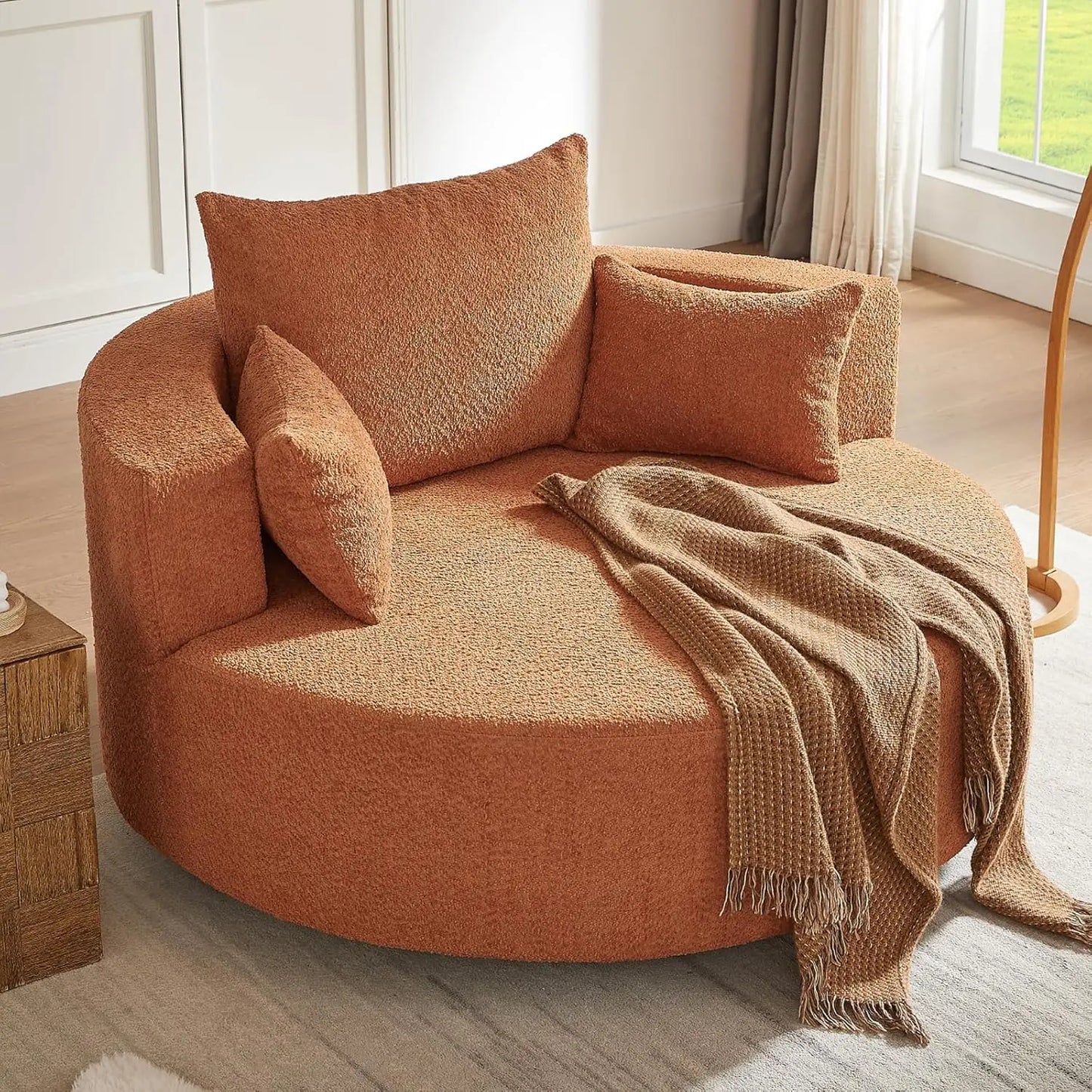 55.1” Oversized Round Swivel Barrel Chair, Large Upholstered Accent Sofa Chair with 3 Pillow,Comfy Chenille Cloud Circle Reading