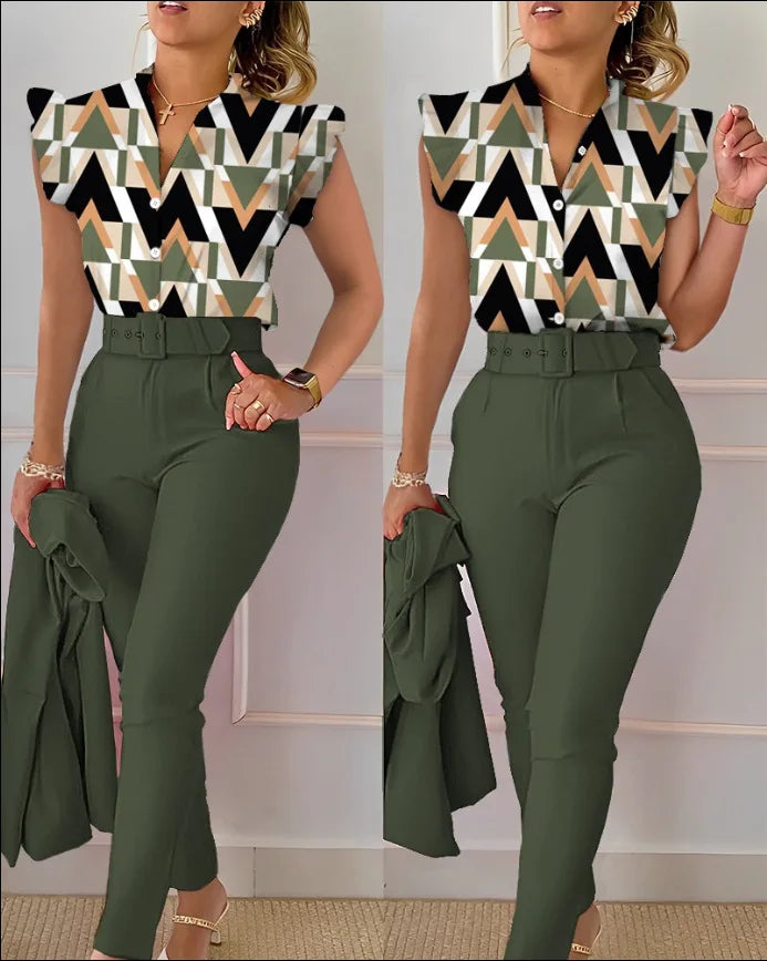 Elegant Womens Slim Two-Piece Sets Summer Fashion Print V Neck Button Flying Sleeve Shirt Top & Solid Long Pants Suits With Belt
