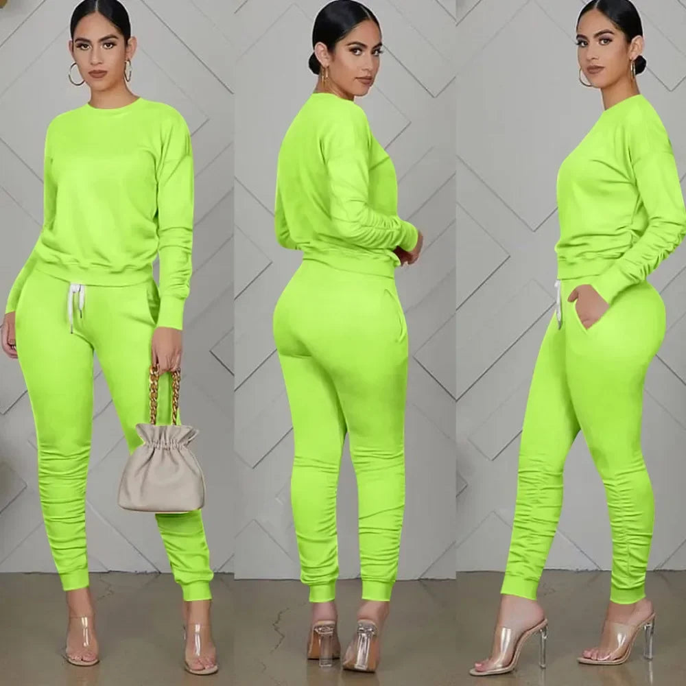 New round Neck Long Sleeve Slim Fit Warm Top Elastic Waistband Lace-up Trousers Simple Solid Color Sports Two-Piece Set