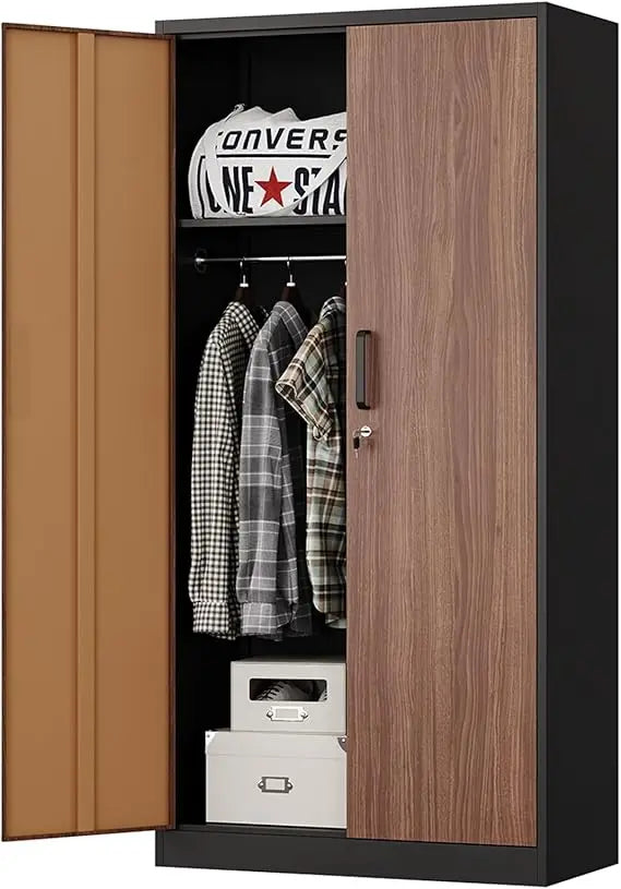 Metal Wardrobe Cabinet with Locking Doors, Metal Storage Armoire Closet for Clothing, 2 Door Woodgrain Locker Cabinet with Adju