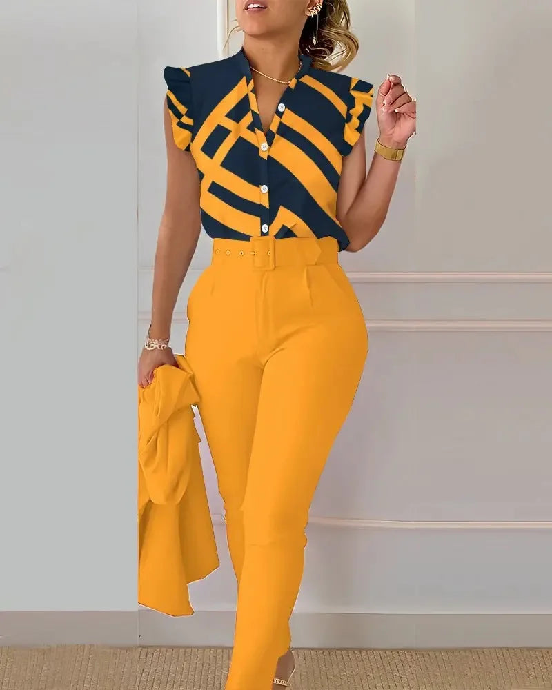 Elegant Womens Slim Two-Piece Sets Summer Fashion Print V Neck Button Flying Sleeve Shirt Top & Solid Long Pants Suits With Belt