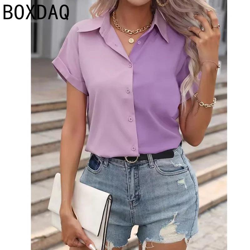 Classic Fashion Two Color Spliced Short-sleeved Shirt Women's Summer New Casual Buckle Slim Shirt Office Ladies's Work Shirt