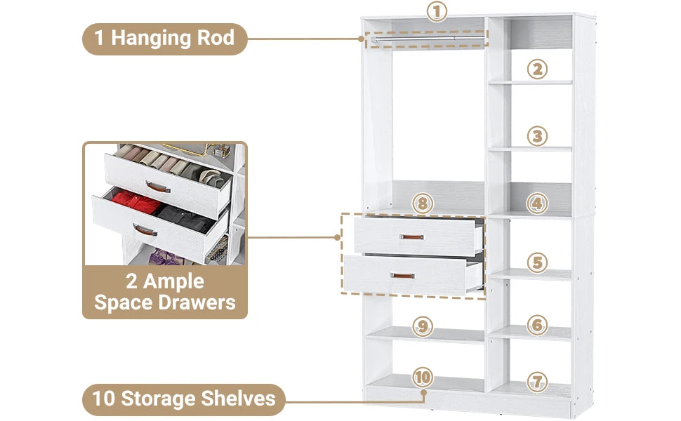 Freestanding Closet System, 40 Inches Stand-Alone Wardrobe with 10 Shelves, 80'' Height Adjustable Cloth Garment Rack
